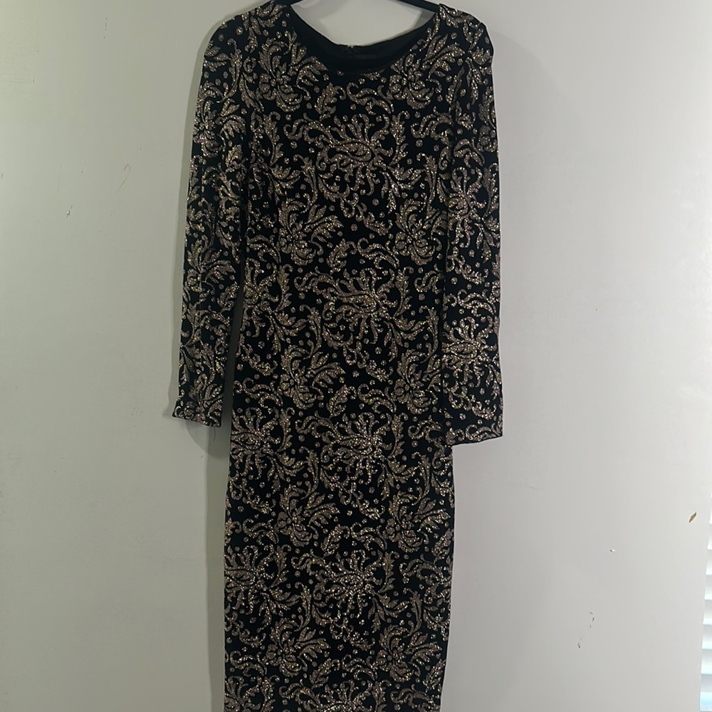 Betsy Adam black shimmer metallic midi dress 12 wedding dark romantic mob wife - Picture 15 of 16